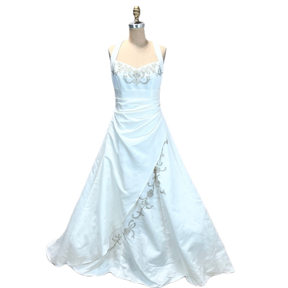 Beaded wedding gown formal dress prom halter wrap waist floral bead bodice train